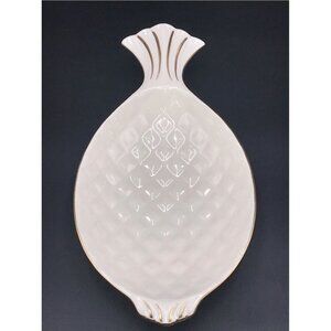 White Ceramic Pineapple-Shaped Serving Dish With Gold Accents & Textured Design